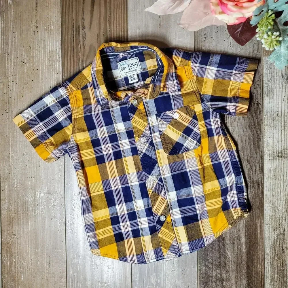 PLACE EST. 1989 Blue Yellow Plaid Button Down Boys Shirt Size 18-24 Mos NWOT